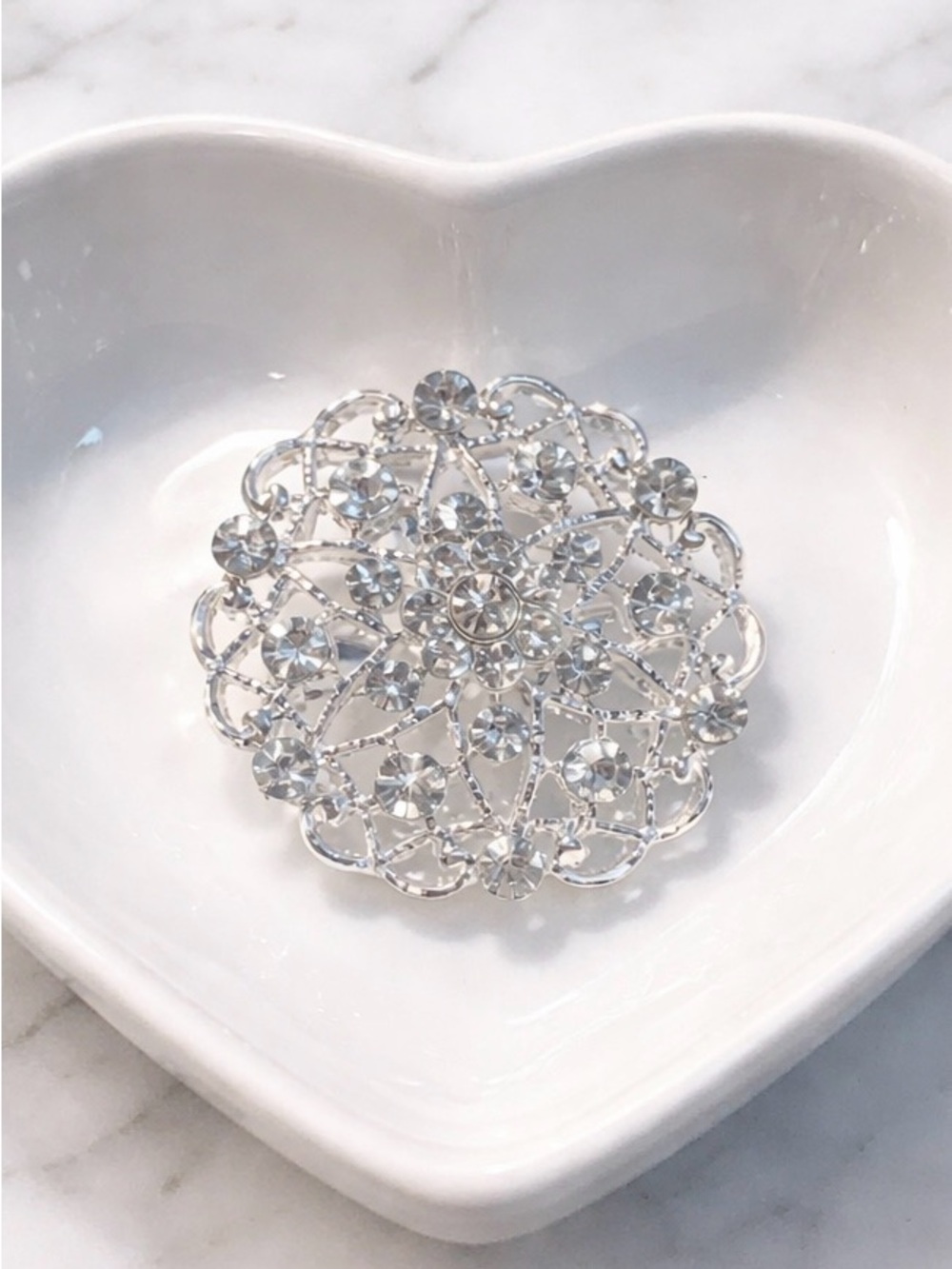 Vintage Style Silver Tone Rhinestone Brooch | Round Crystal Statement Pin